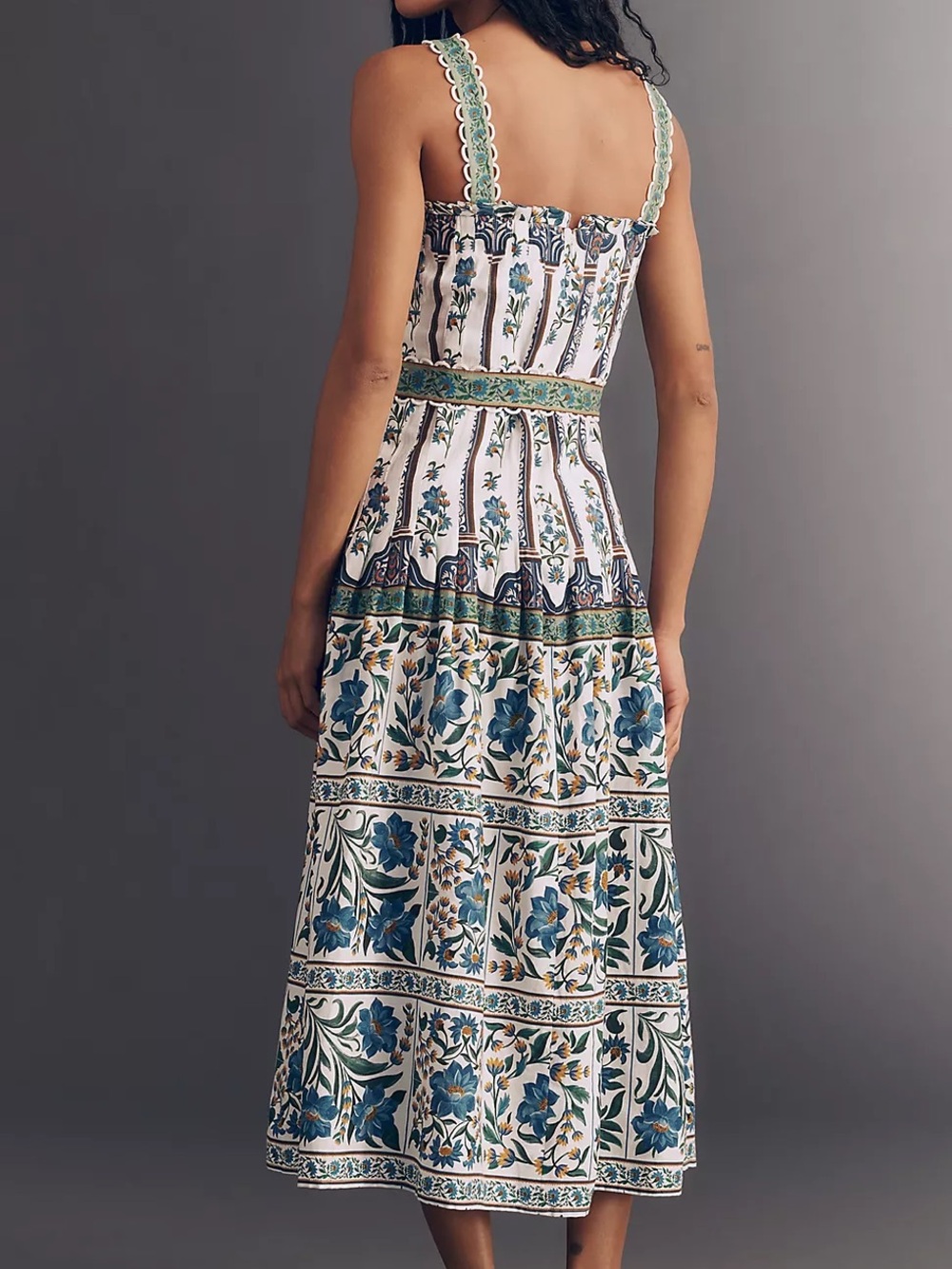 Farm Rio Floral Tile-Print Midi Dress in White and Blue - Picture 4 of 4